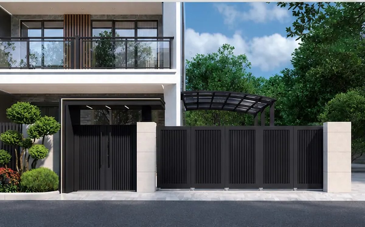 Design render of an aluminium gate leaf and fence run, shown as a reference visual.