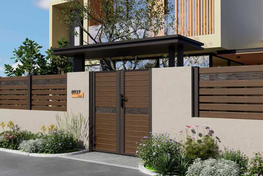 A bronze single-leaf aluminium gate with a scrolled arch head, set between granite piers