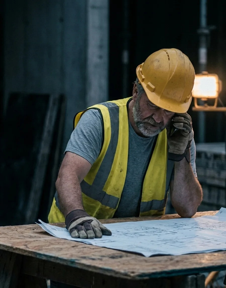 A contractor on site in a hard hat and hi-vis vest, reading a drawing